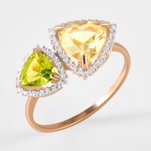 Золотое кольцо с ситаллом хризолитом, лимонным ситаллом и фианитами